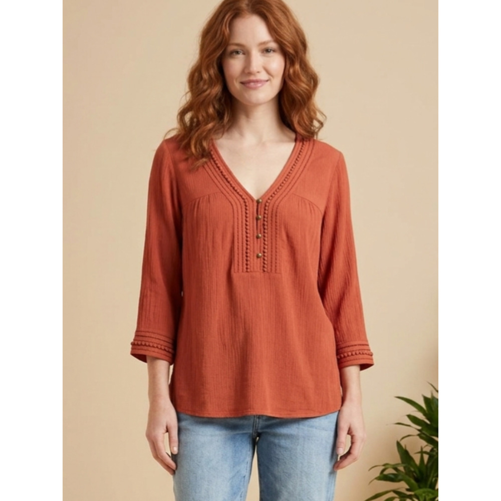Daniel Rainn Burnt Orange Boho Crochet Trim V-Neck Gauze Blouse Medium